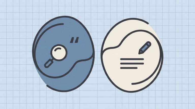 Two abstract AI assistant shapes representing Perplexity and ChatGPT, one with a search motif, one with a writing motif