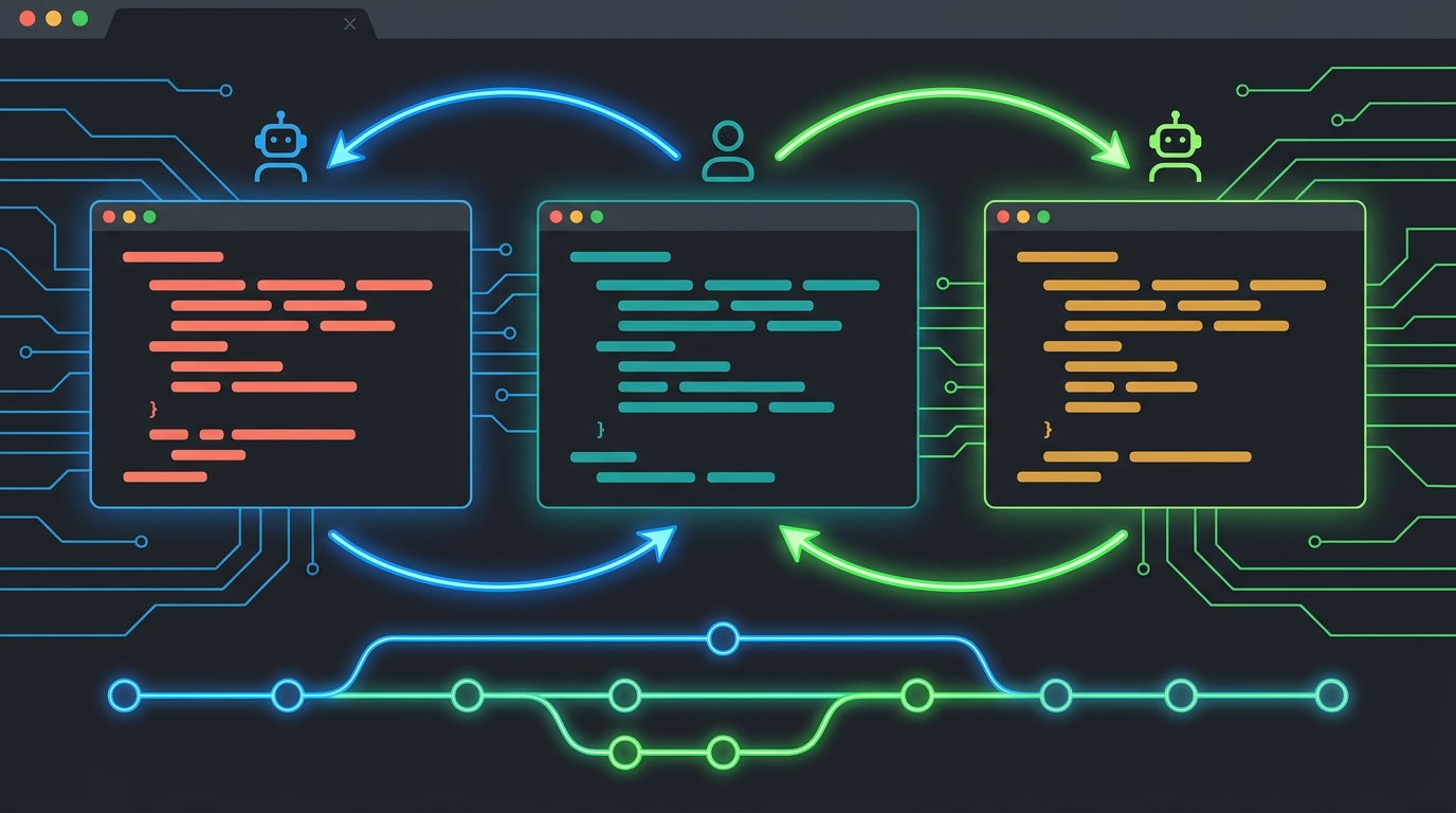 Three parallel code editor windows with AI agents and git branch diagram