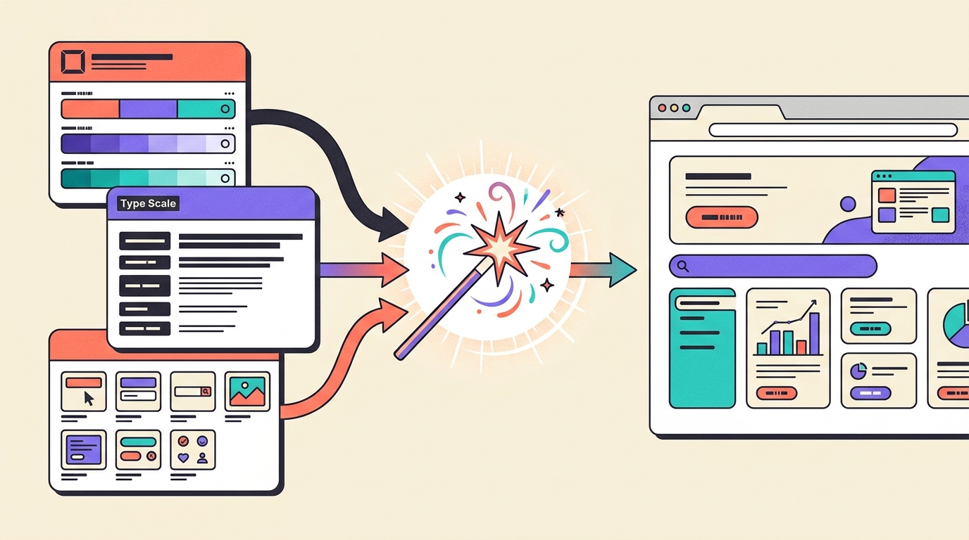 Design tokens and type scale feeding through AI magic wand into a browser prototype