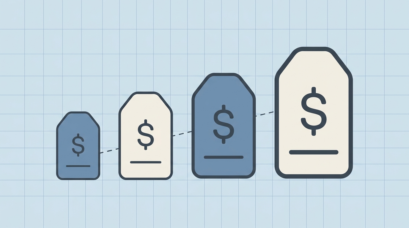 Editorial illustration of ascending price tags representing Claude subscription tiers