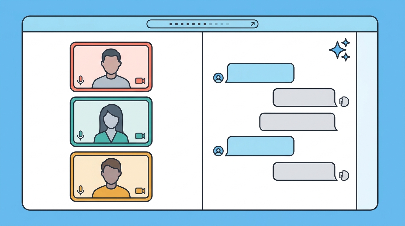 Split-screen video call tiles and chat panel