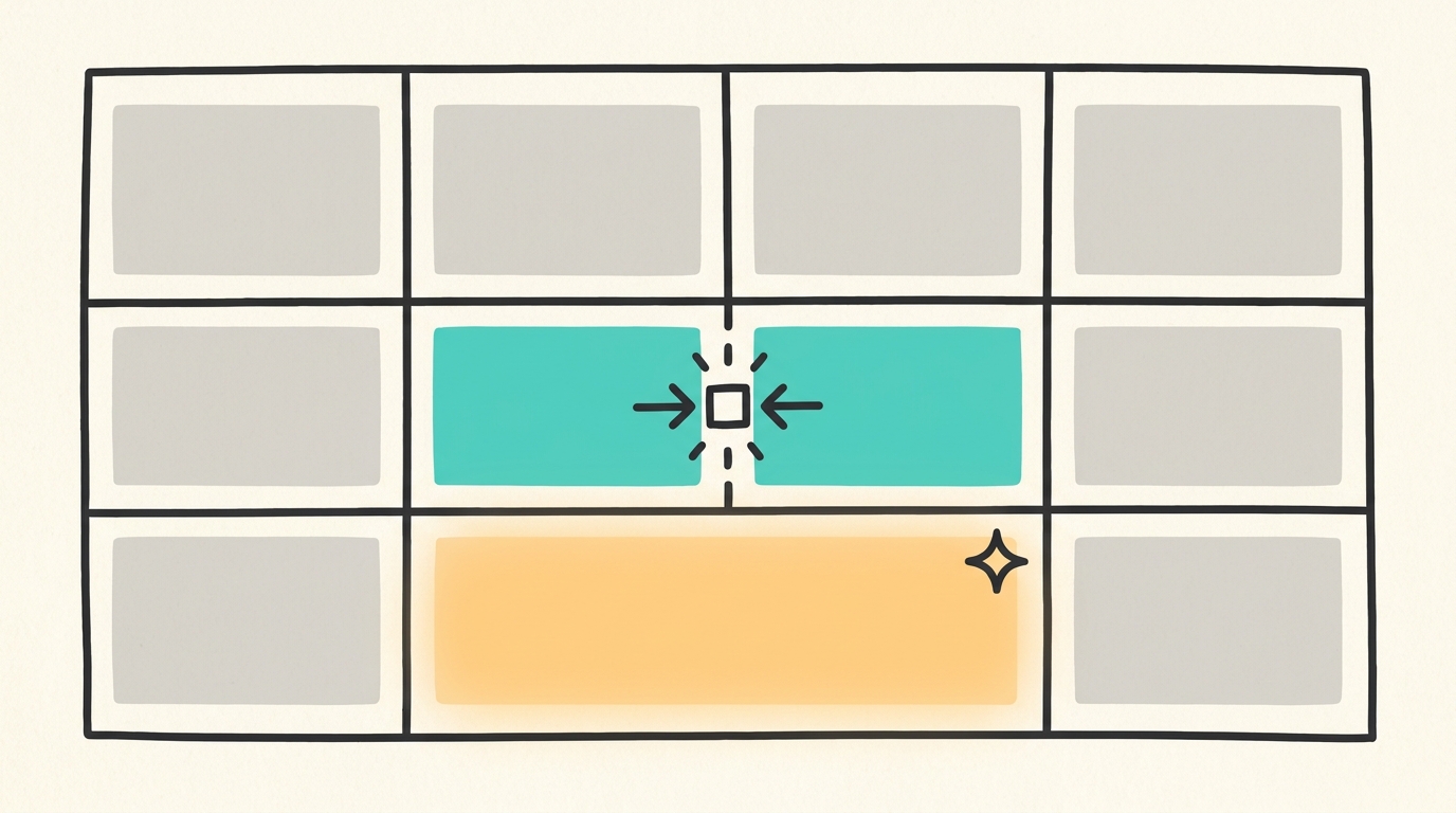 Table grid with cells being merged highlighted in teal and amber
