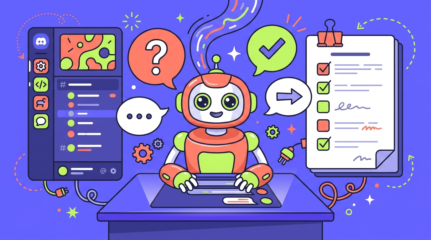 Friendly robot at a chat interface with speech bubbles and checklist