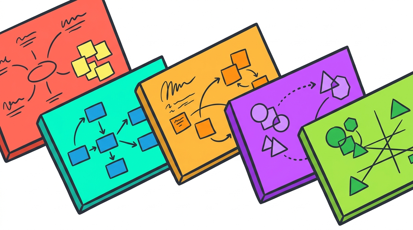Five colorful whiteboard canvases showing different open-source tools