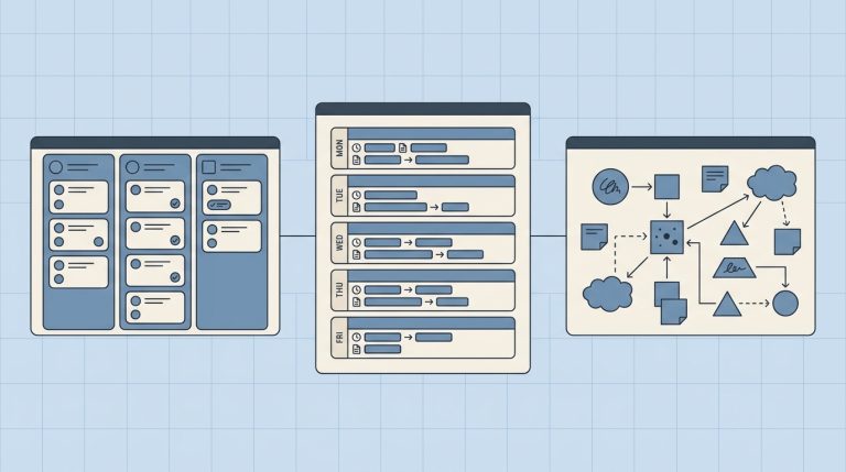 Three panels showing kanban board, weekly planner, and whiteboard canvas in AFFiNE workspace