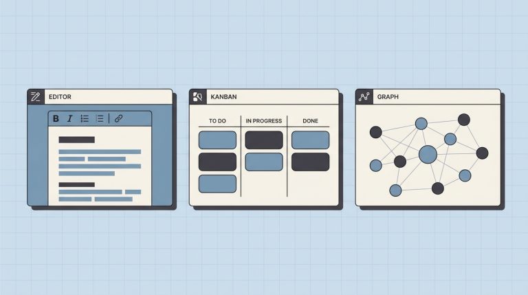 Three open-source Notion alternatives compared — document editor, kanban board, and knowledge graph views