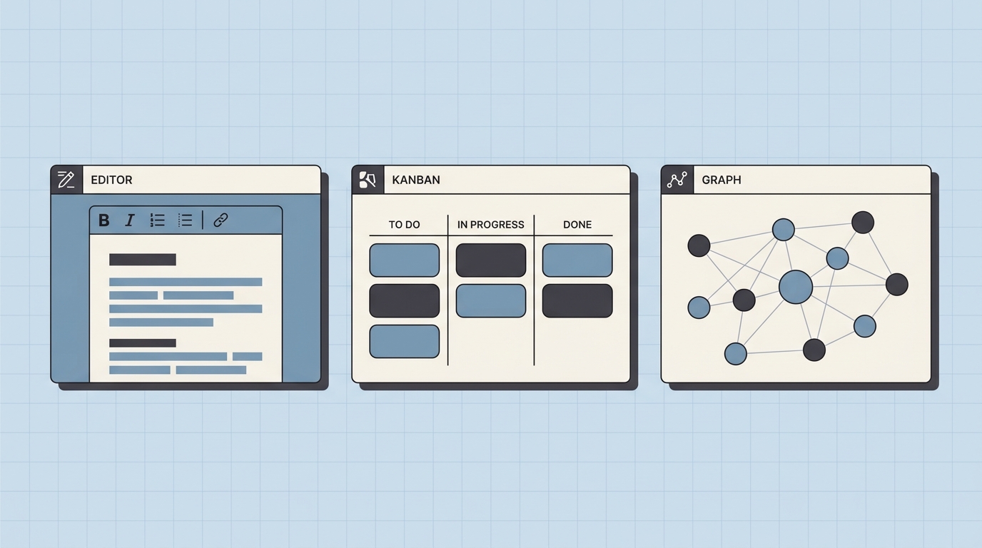 Three open-source Notion alternatives compared — document editor, kanban board, and knowledge graph views