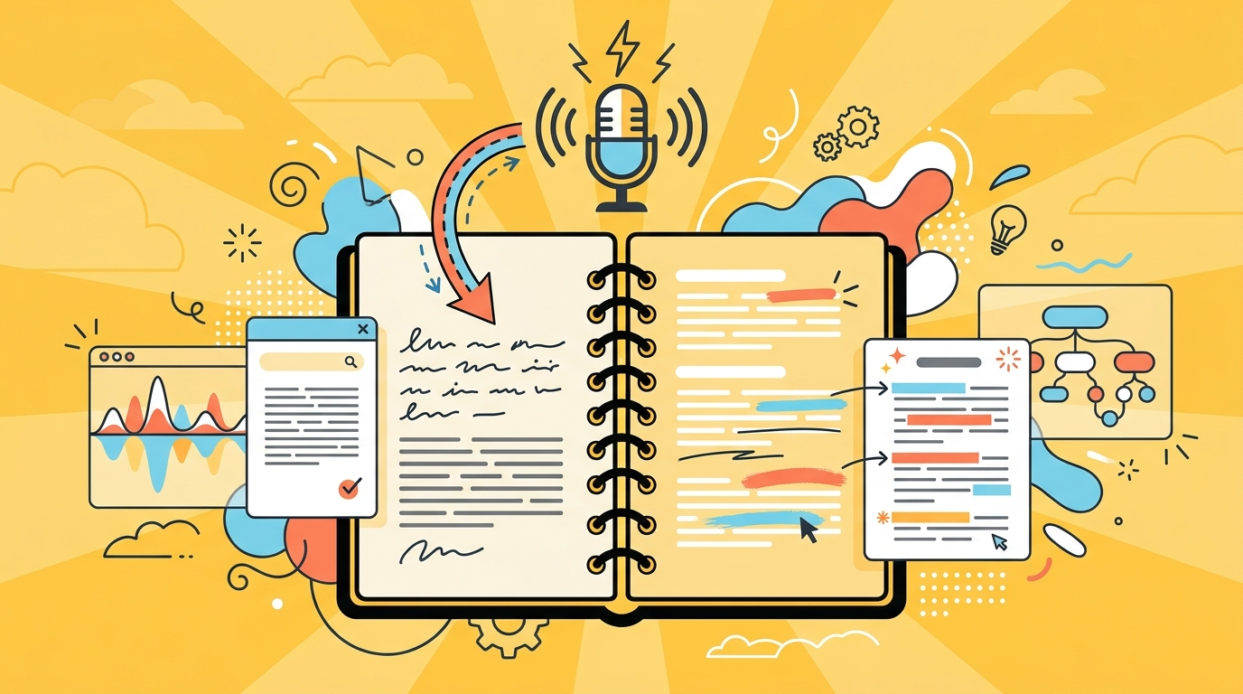 Open notebook with microphone and AI transcription UI cards