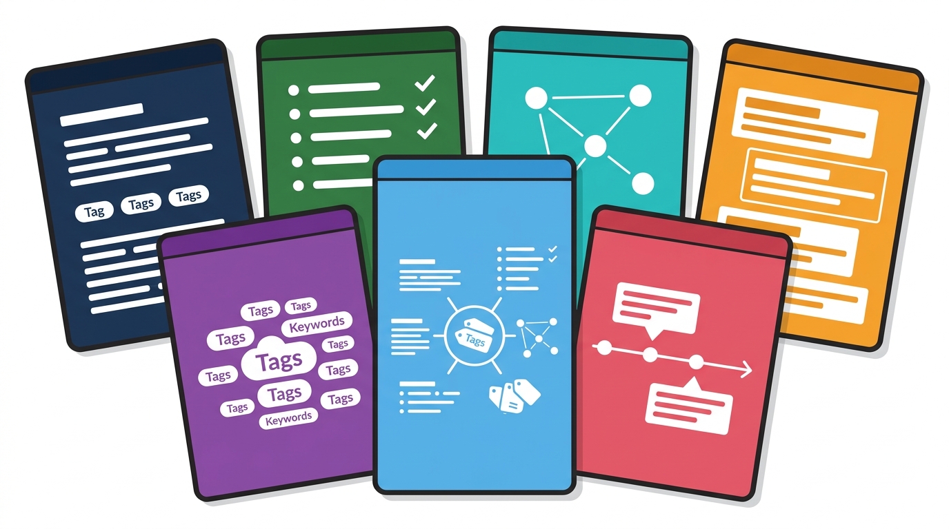 Seven colorful app cards showing different note-taking UI styles