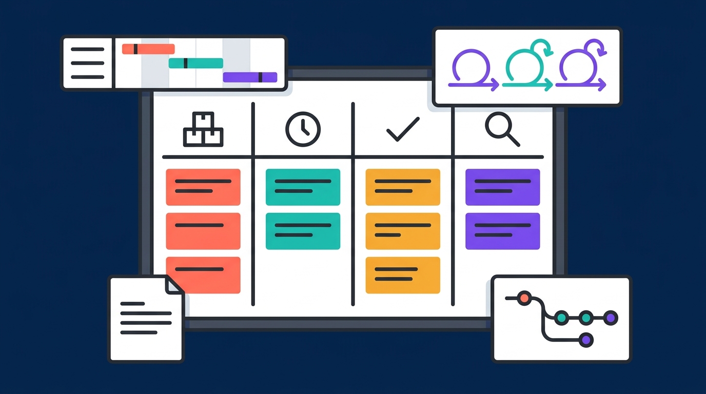 Kanban board with colorful task cards and project management UI elements